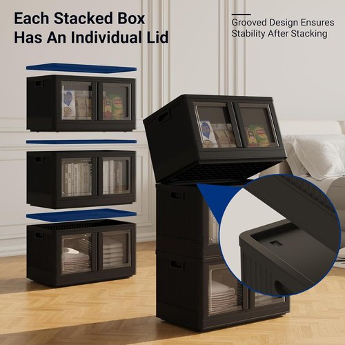 FLEXIMOUNTS Stackable Storage Bins - Collapsible Plastic Organizers with Lids & Wheels | 2-Pack, Milky White