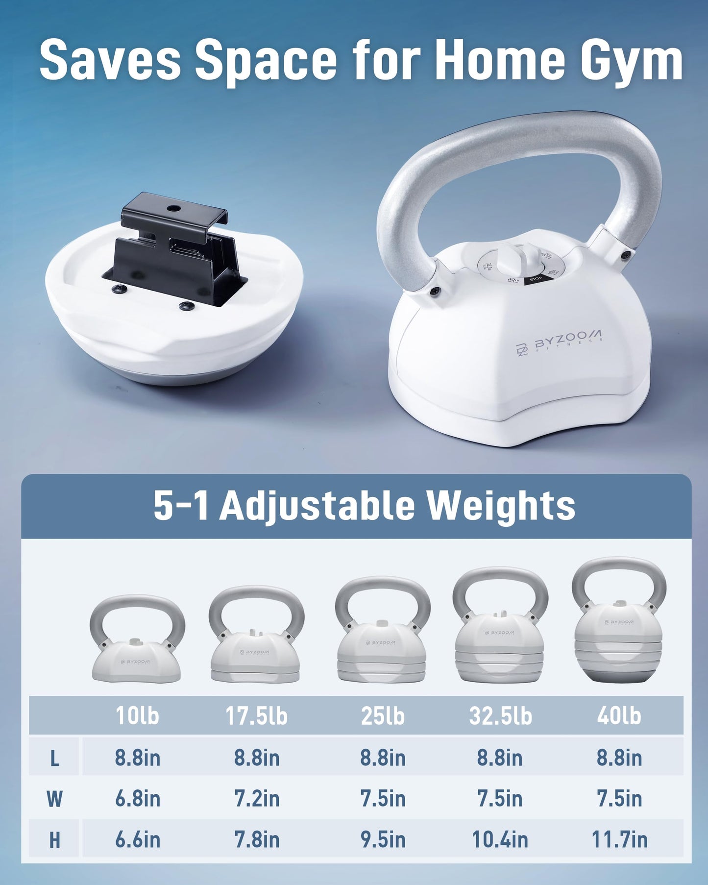 BYZOOM FITNESS Pure Series Adjustable Kettlebell 40LB - 5-IN-1 Weight Change, Patented Quick-Change Machenism, Ergonomic Curved Handle for Home Gym, Strength Training, HIIT, White
