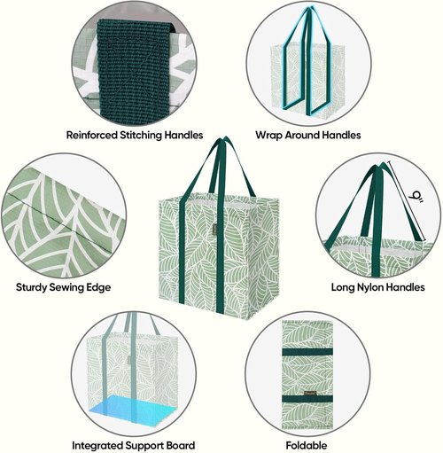 BALEINE Reusable Grocery Bags - Heavy Duty Foldable Tote with Reinforced Bottom | Antique Foliage - 4 Pack