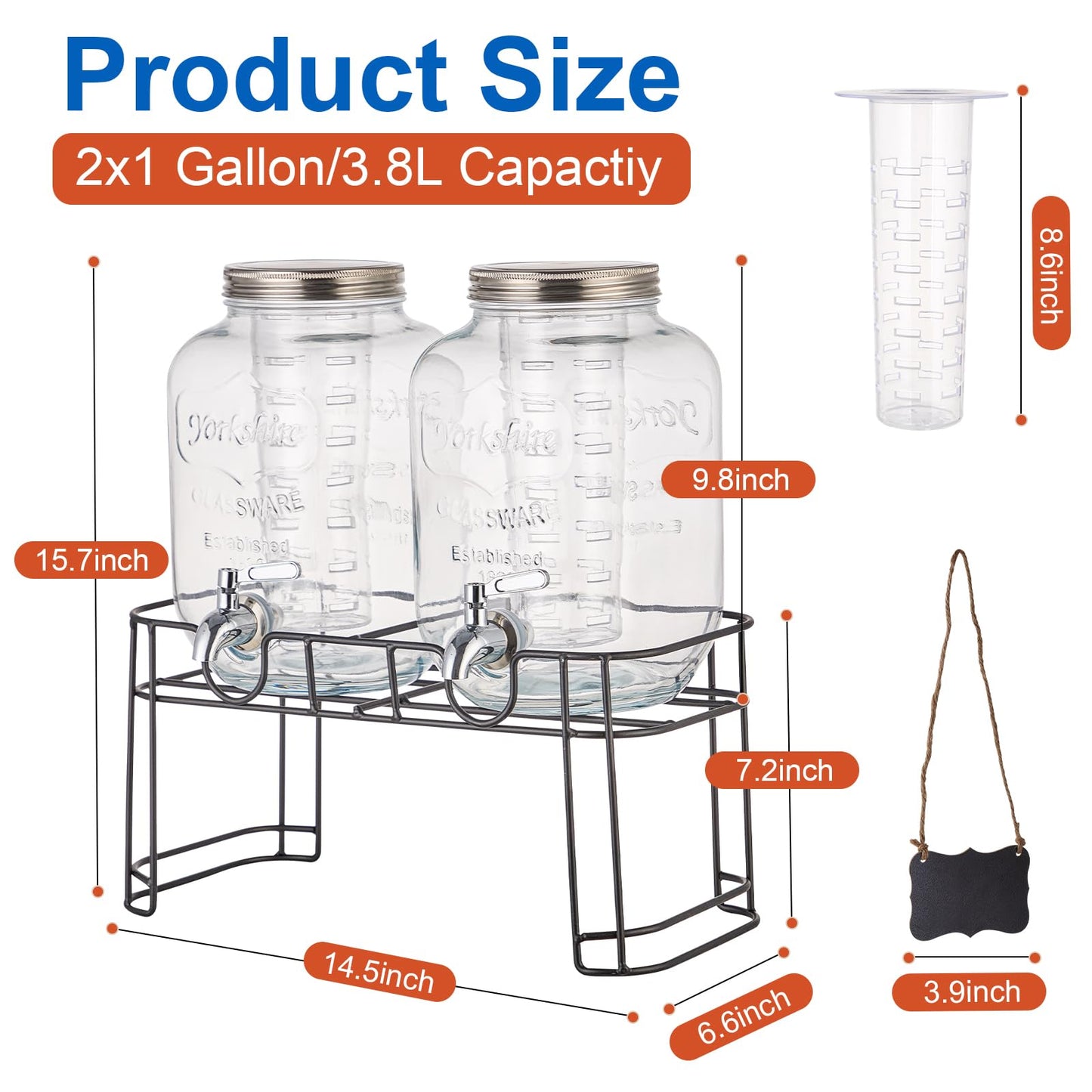 1 Gallon Glass Drink Dispensers for Parties, 2PACK Beverage Dispenser with Stand, Fruit Infuser and Stainless Steel Spigot 100% Leakproof, Beverage Dispenser for Lemonade Sun Tea