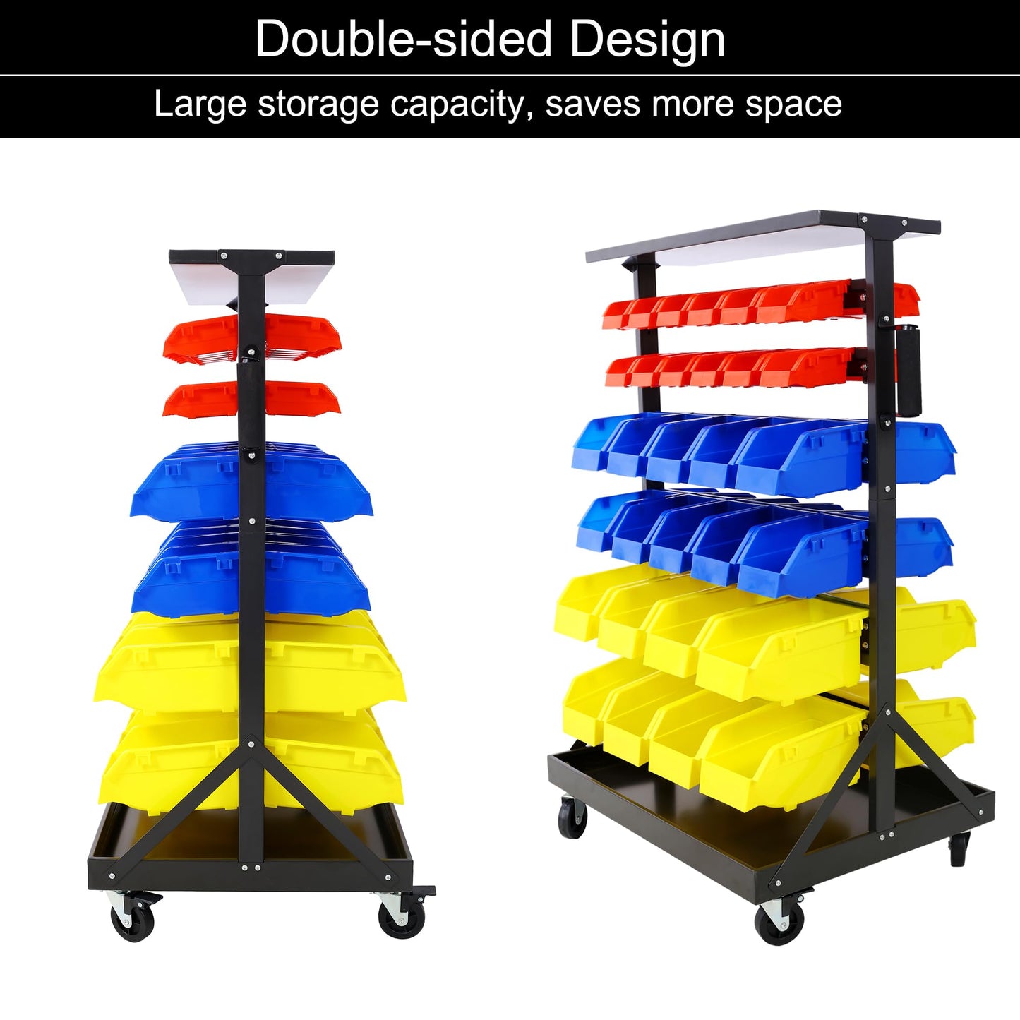 Veemuaro 6-Tier Rolling Bin Stroage Rack with 60 Bins, Dual-Sided Parts Organizer with Wheels and Top Tray, Heavy Duty Tool Storage Rack for Workshop, Garage, Utility Use