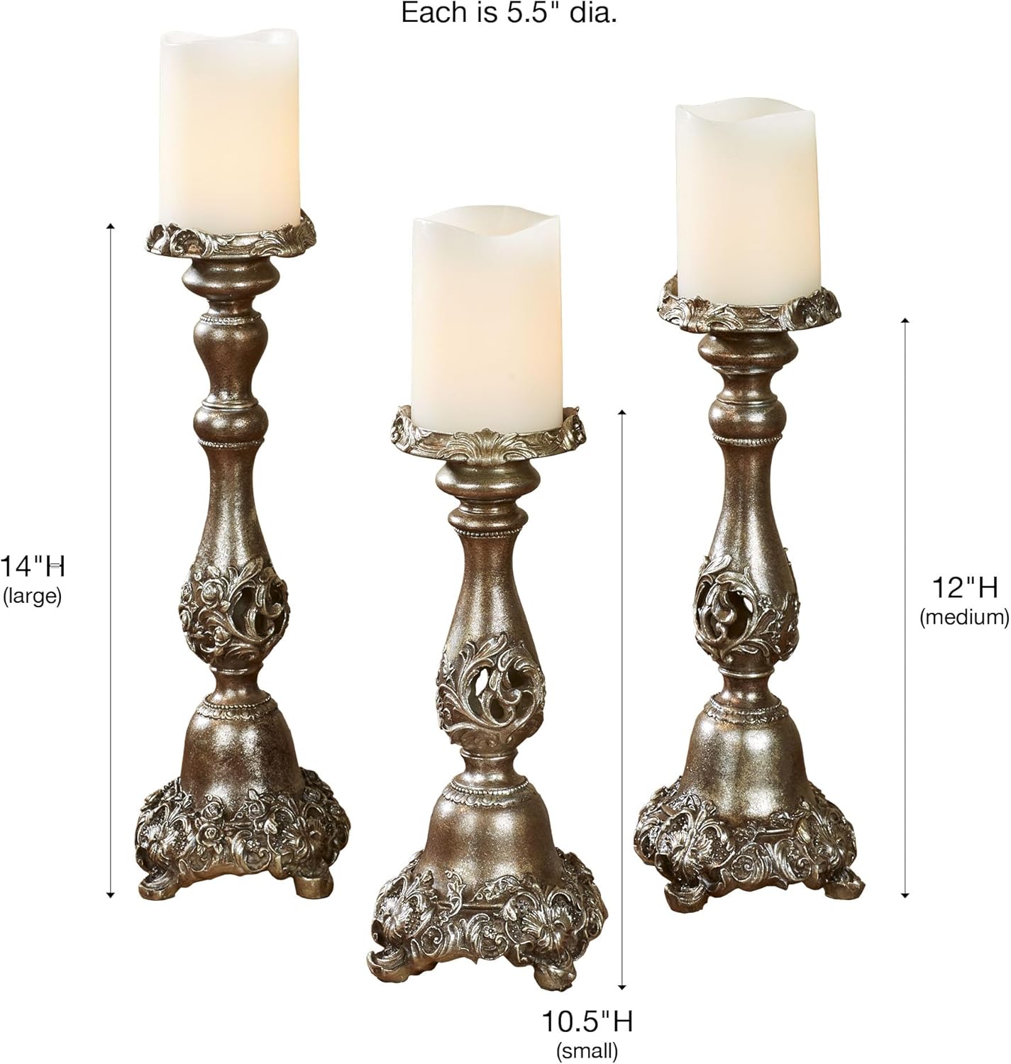 Touch of Class Victoria Acanthus Leaf Candleholders Set of 3 - Metallic Bronze & Silver Resin Candlesticks for Home Decor