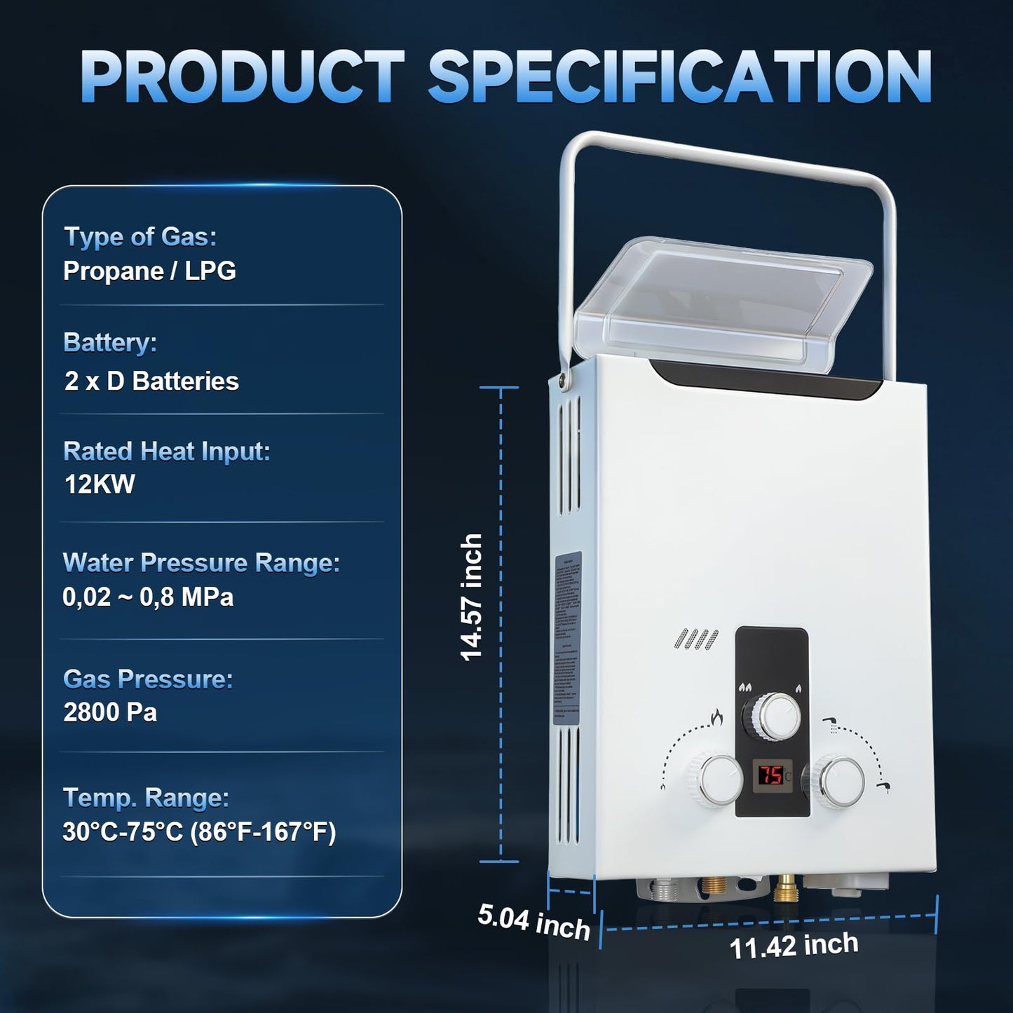 GEARPASS Propane Tankless Water Heater Outdoor, 2.11 GPM 8L, Portable Gas Water Heater with Handle and Digital Display, Instant Hot Water for RV, Cabin, Pet Bathing, Camping