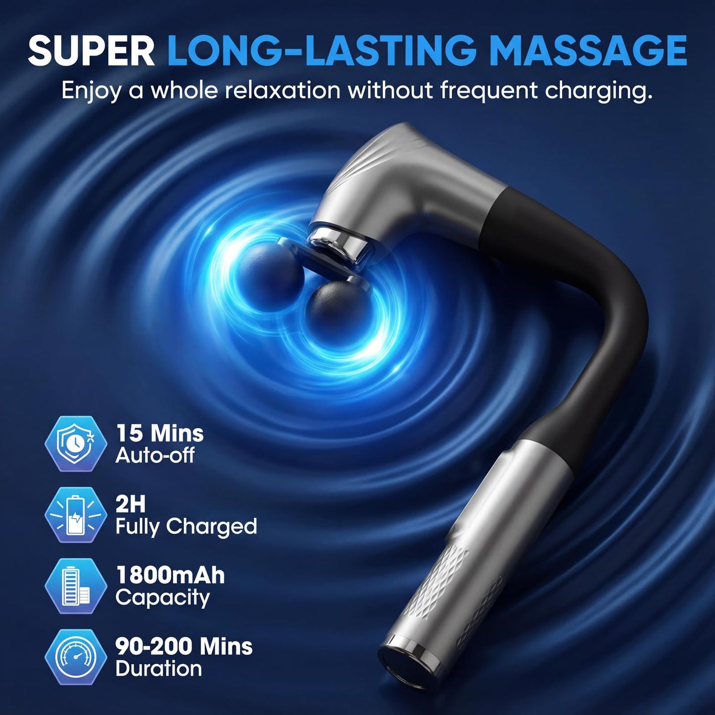 makecatch Long Handle Massage Gun for Back and Shoulders, Ergonomic Extended Reach Deep Tissue Massager, U-Shaped Dual Head Percussion Muscle Massager, 12 Speeds with 5 Heads, Quiet & Cordless