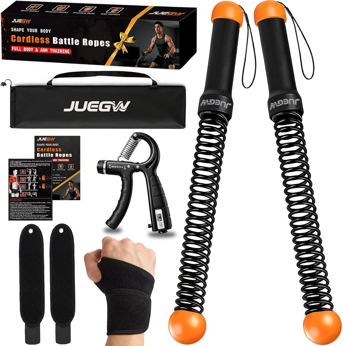 Cordless Battle Ropes for Home Workout – Ropeless HIIT & Strength Training Kit with Hand Gripper & Wrist Wraps – Portable Full Body Fitness Equipment for Small Spaces