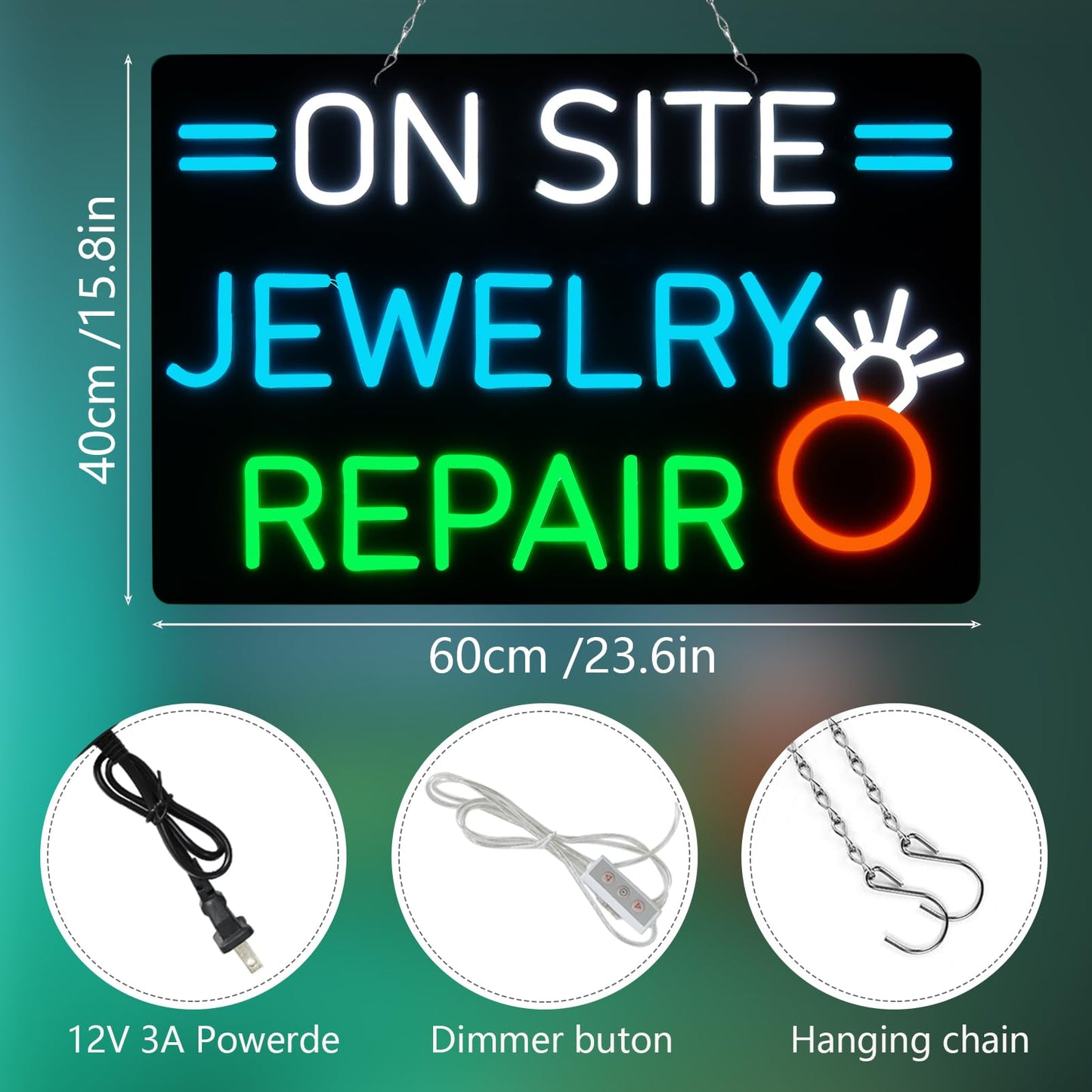 JFLLamp Large ON SITE JEWELRY REPAIR Neon Signs for Wall Decor Neon Lights for Bedroom Led Signs Suitable for Drive Thru Open Office Man Cave Bar Christmas 12V Power Adapter, 23.6*15.7 Inch(White+Azure+Grenn+Yellow)