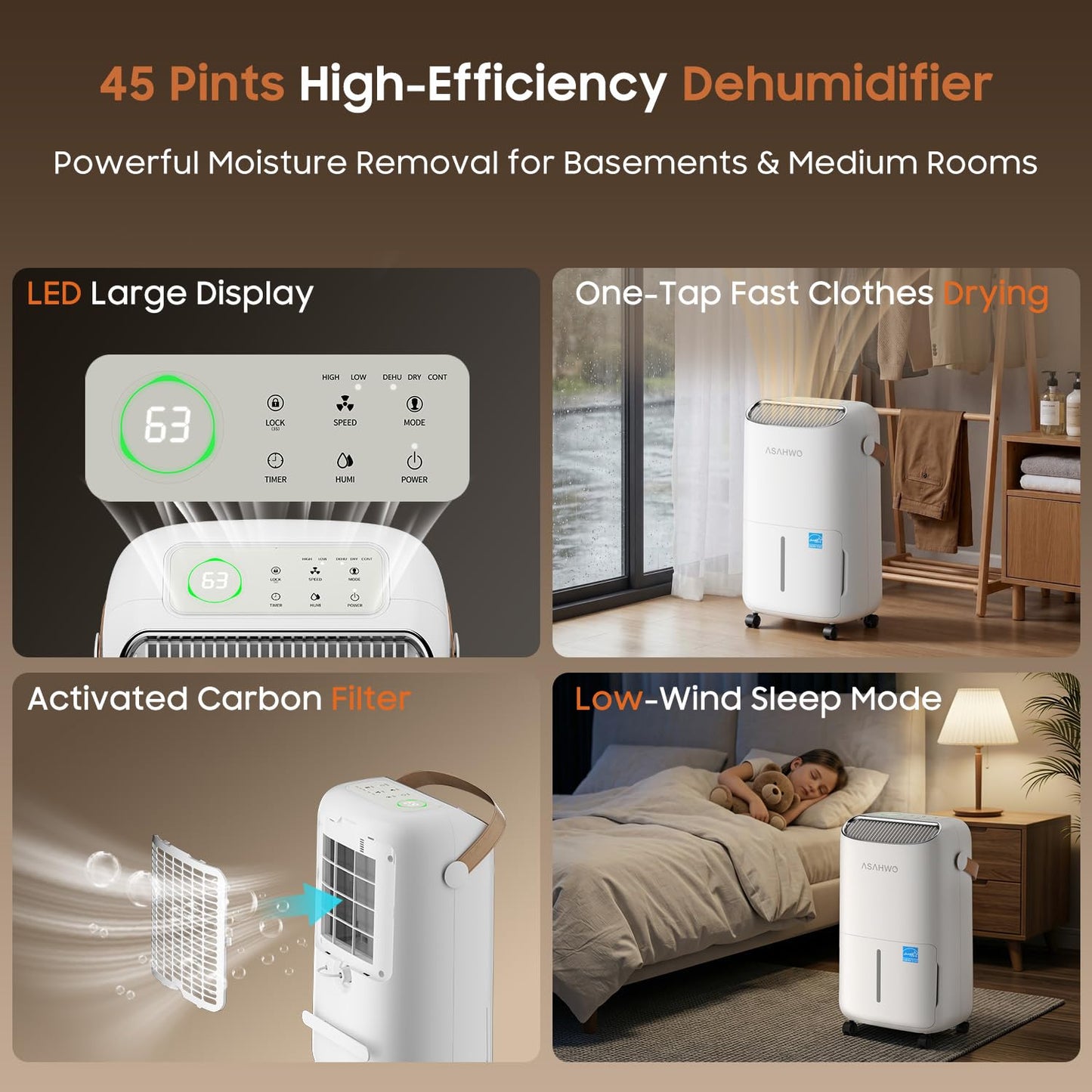 45 Pint 2025 Energy Star Dehumidifier for Spaces up to 4500 Sq.Ft for Basement and Home, Compressor Dehumidifier with Drain Hose,Large Room,Bedroom,Home,Bathroom