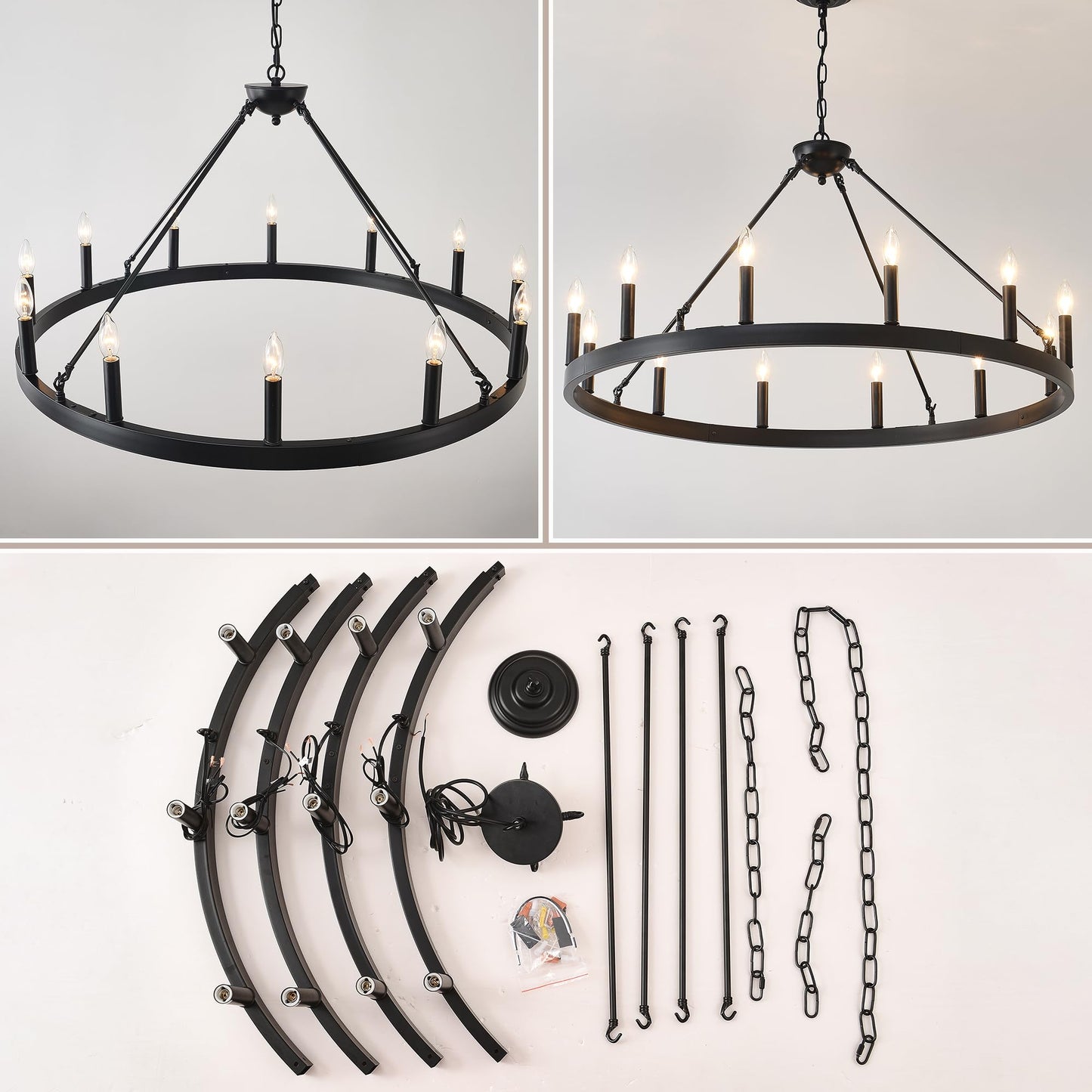 Viksroeo 40 Inch Black Wagon Wheel Chandelier, 12-Lights Farmhouse Industrial Round High Ceiling Pendant Light Adjustable Chain for Outdoor Porch,Foyer,Dining Room, Living Room