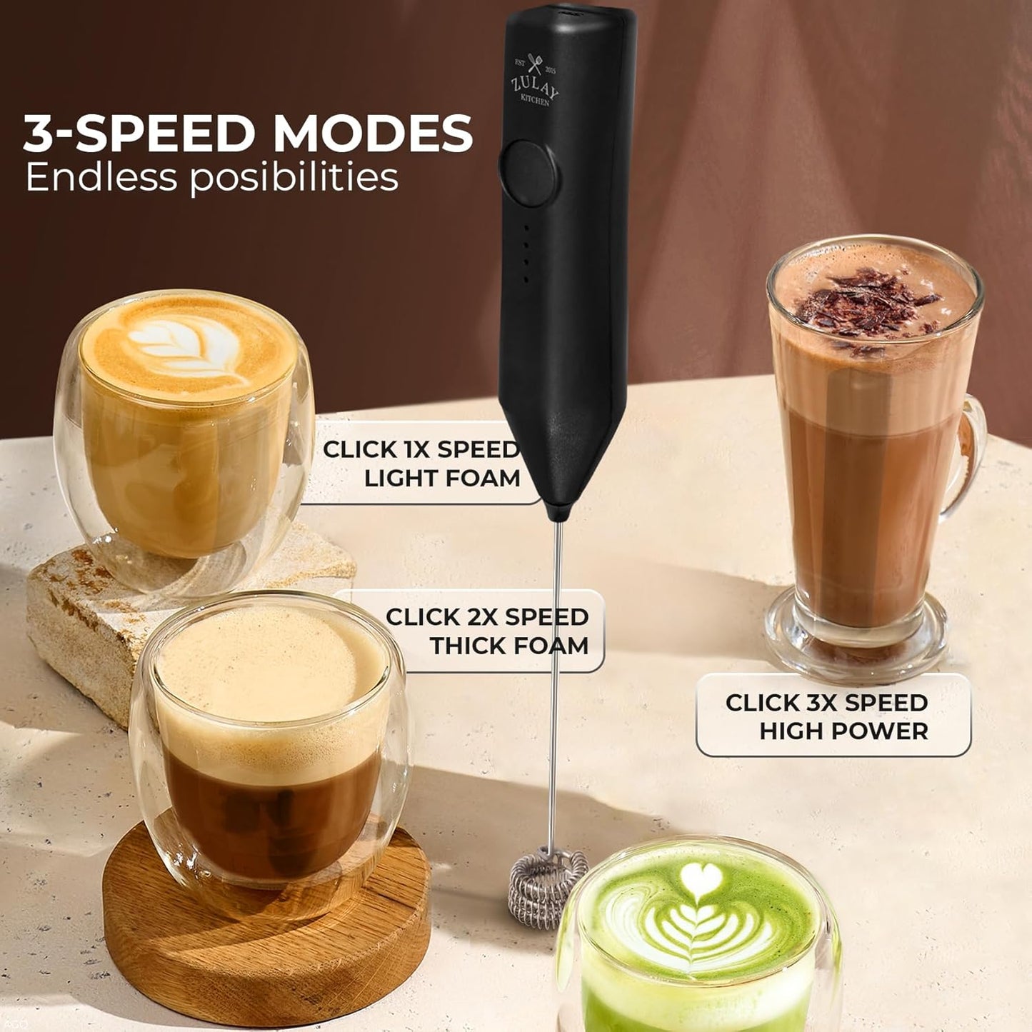 Zulay Kitchen Rechargeable Milk Frother - 3 Speeds & 3 Whisk Attachments - USB Charging for Lattes & Cappuccinos - Black
