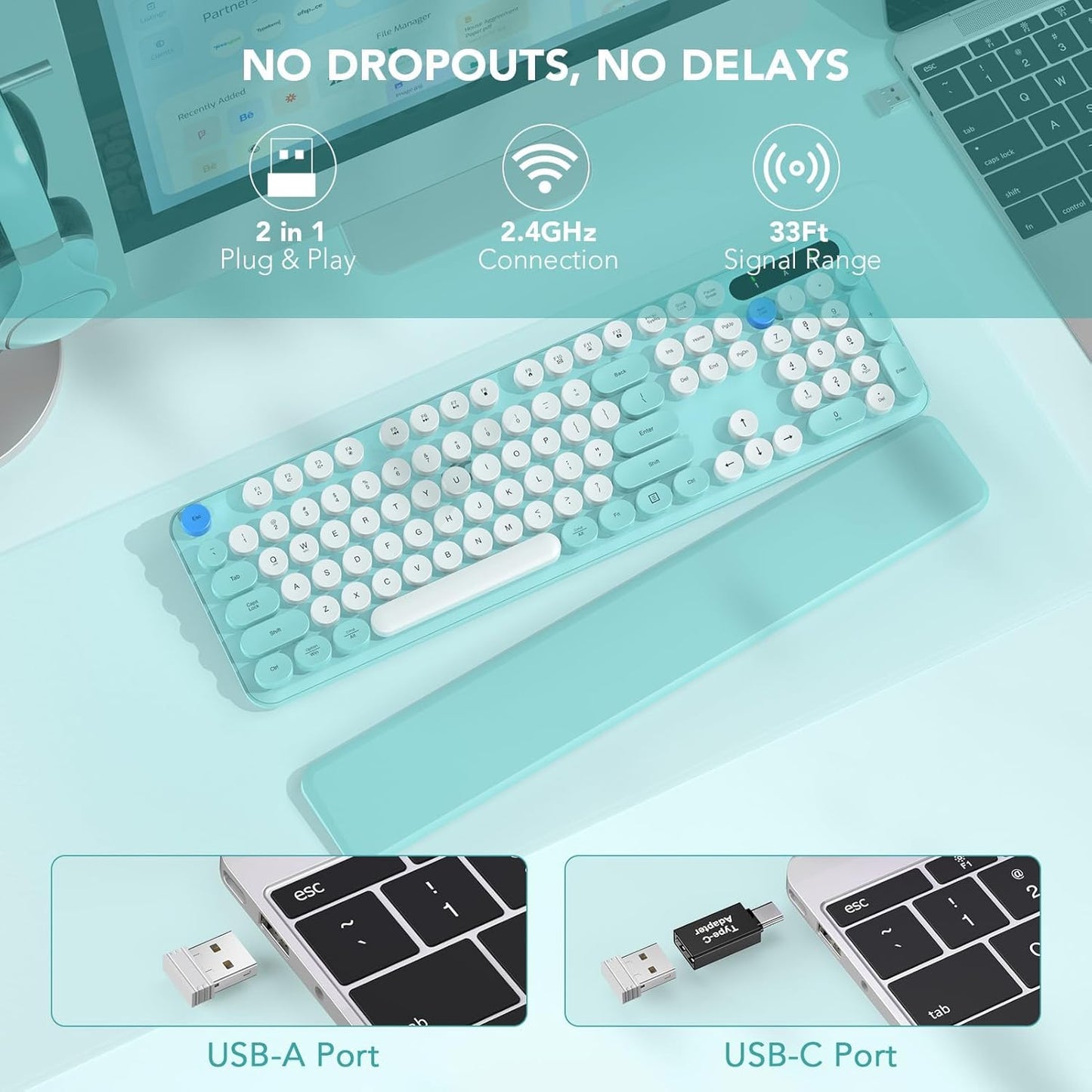 SABLUTE 2.4GHz Wireless Keyboard, Round Keycaps, Retro Typewriter Keyboard with Detachable Wrist Rest, Sleep Mode