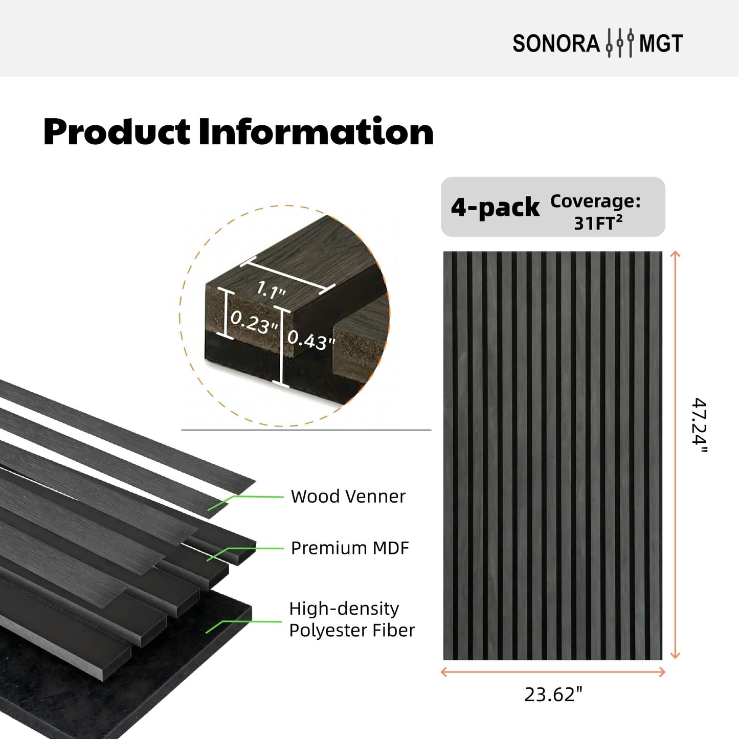 SONORA MGT 4 Pack Acoustic Wood Slat Wall Panels 47.24'' X 23.62'', Echo Reduction, 3D Fluted Wall Panels for Interior Wall Decor (Matte Black)