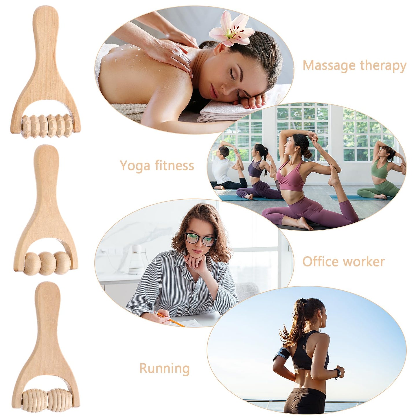 Abeillo 3Pcs Wooden Hand Massage Roller, Muscle Roller Stick, Manual Wood Therapy Massage Tools Massager Roller, for Relaxes Thigh, Leg, Hands Full Body Muscle Men Women