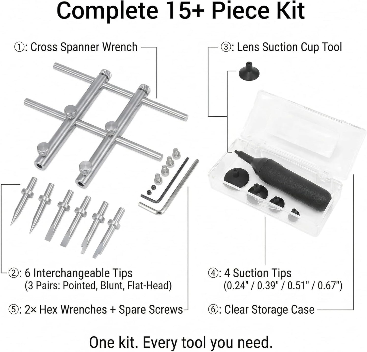 SNLxStudioz 303 4 1"-4.3" (25-110mm) Lens Spanner Wrench Kit with Suction Cup Tool - Stainless Steel Anti-Magnetic