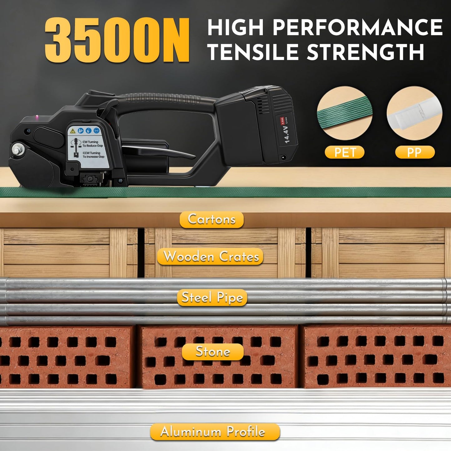 SDRTOP Cordless Electric Strapping Tool for PP/PET Straps, Adjustable Tension 3500N, Dual Battery Powered Handheld Banding Machine for Cartons, Pallets & Industrial Packaging