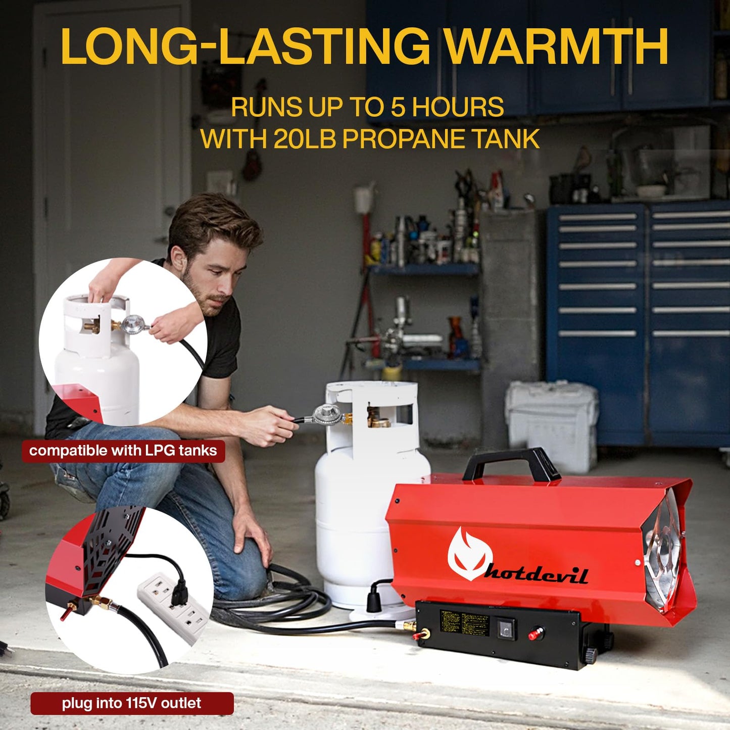 Hotdevil 85,000 BTU Forced Air Propane Heater(Non-adjustable Firepower),Thermally Protected, Heavy-Duty Garage Heater For Warehouses,Barns and Workshops up to 2200 Sq feet（Gas Cylinder not Include）