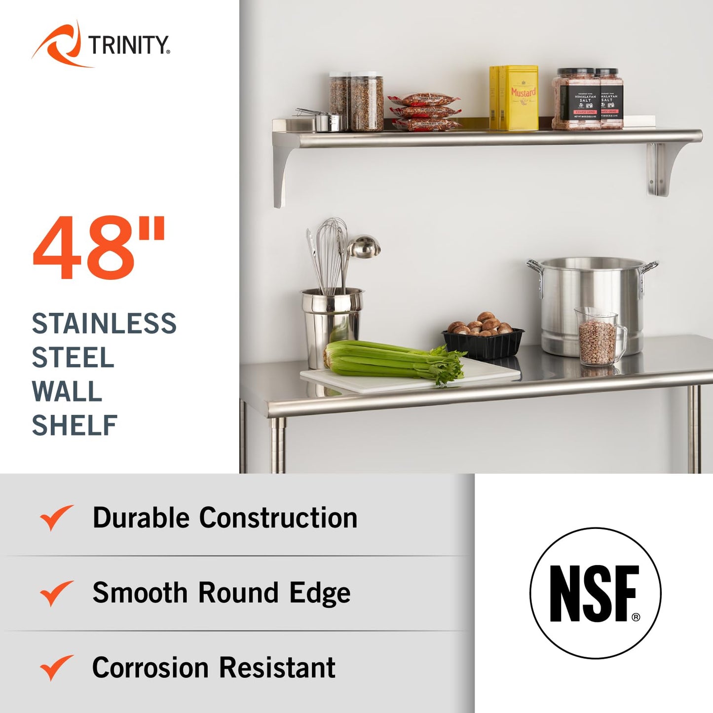 Trinity THA-3326 EcoStorage NSF Commercial-Grade Stainless Steel Wall Shelf for Kitchen, Garage, Pantry, Storage, 48” W x 12” D x 10” H