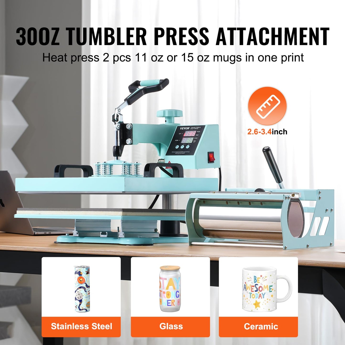 VEVOR 15x15 Heat Press Machine 8 in 1 Combo with 30 OZ Tumbler Press & Hat Press, Slide Out Heat Press Sublimation Machine for T-Shirts, Hats Caps Tumblers Glass Cans Mugs, and Plates (Light Green)