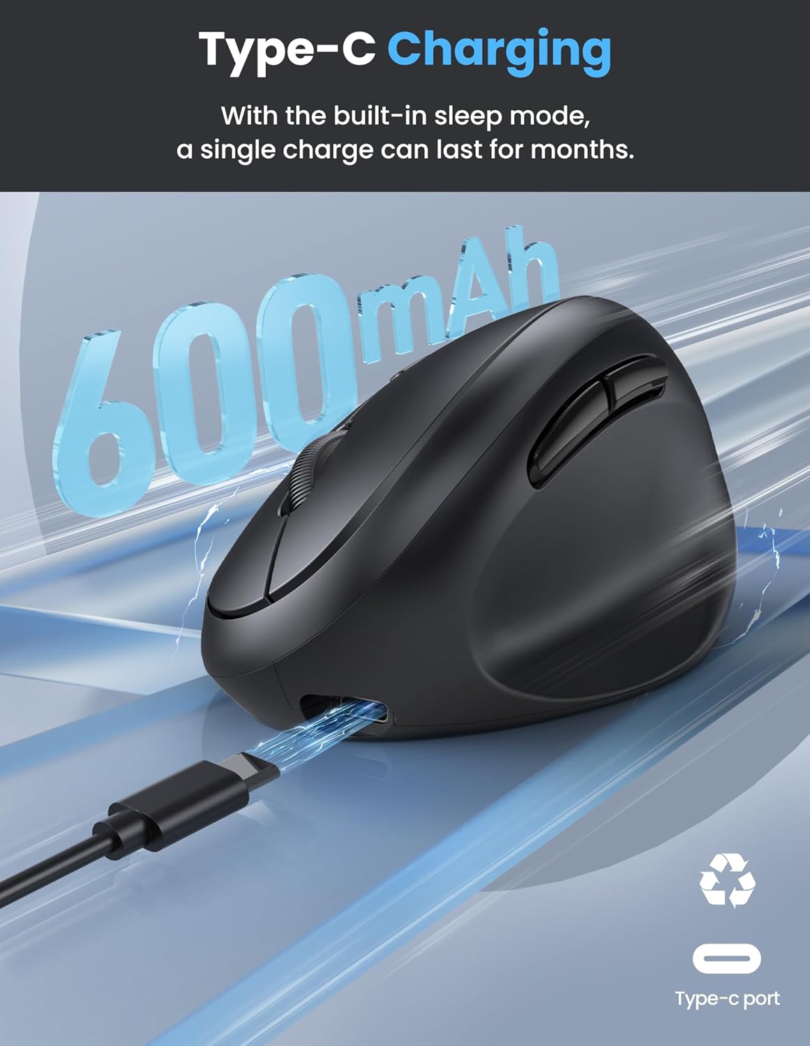 TECKNET 4800 BT5.0/3.0 2.4G Ergonomic Mouse, Bluetooth Wireless Vertical Mouse, Rechargeable Battery, Quiet Clicks, DPI