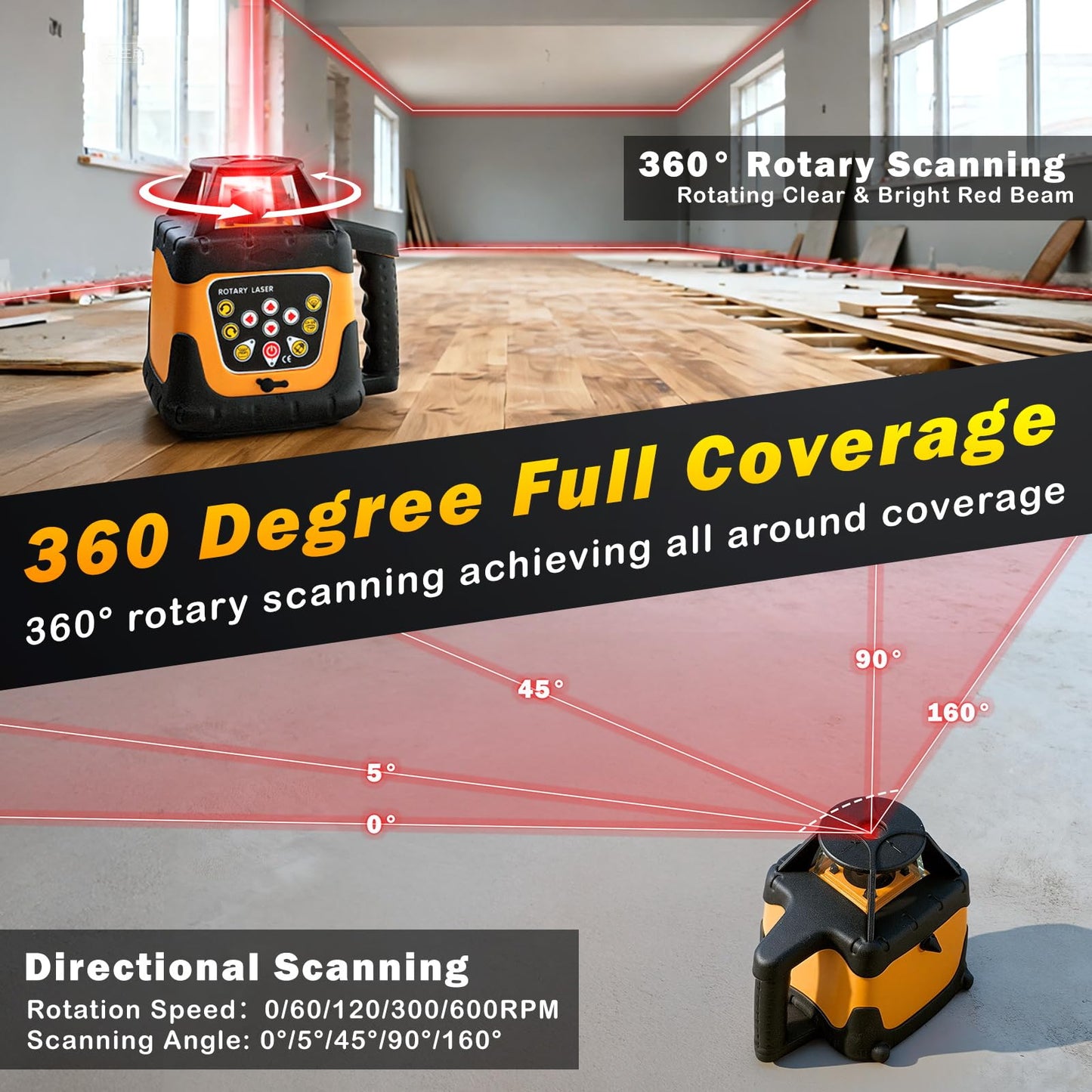 Red Rotary Laser Level 2000ft, 360 Degree Self Leveling Laser Level Kit with Receiver Remote Control and Surveying Tripod 16.4ft Staff, 5 Rotation Speeds& 4 Angles Adjustment,IP66 Waterproof.