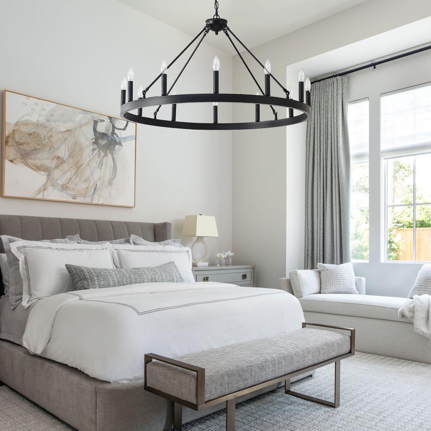 Viksroeo 40 Inch Black Wagon Wheel Chandelier, 12-Lights Farmhouse Industrial Round High Ceiling Pendant Light Adjustable Chain for Outdoor Porch,Foyer,Dining Room, Living Room