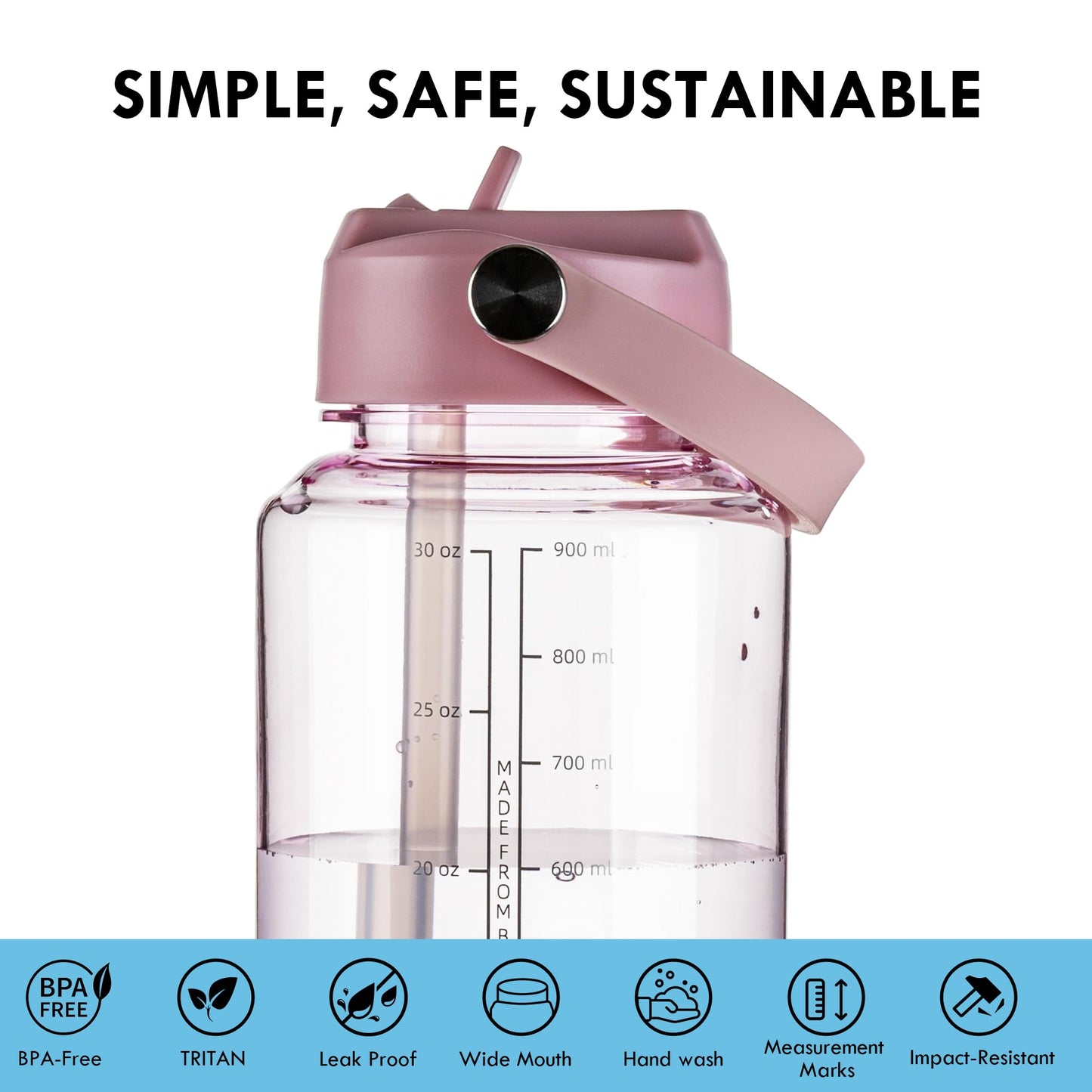 OLDLEY 32 oz Clear Water Bottle with Straw,Tritan BPA-Free, Wide Mouth, Leak Proof - for Gym, Travel, Home, School, Office (Pink)