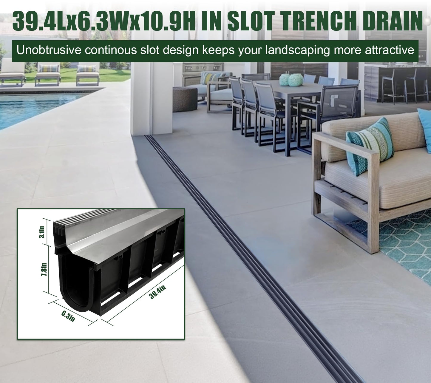 Natotela Slot Channel Drain with 304 Stainless Steel Grate-39.4Lx6.3Wx10.9H in. Deep Profile Trench Drain System for Landscaping,3 Pack Total Length 118.2in,A15 Hidden Drain Channel