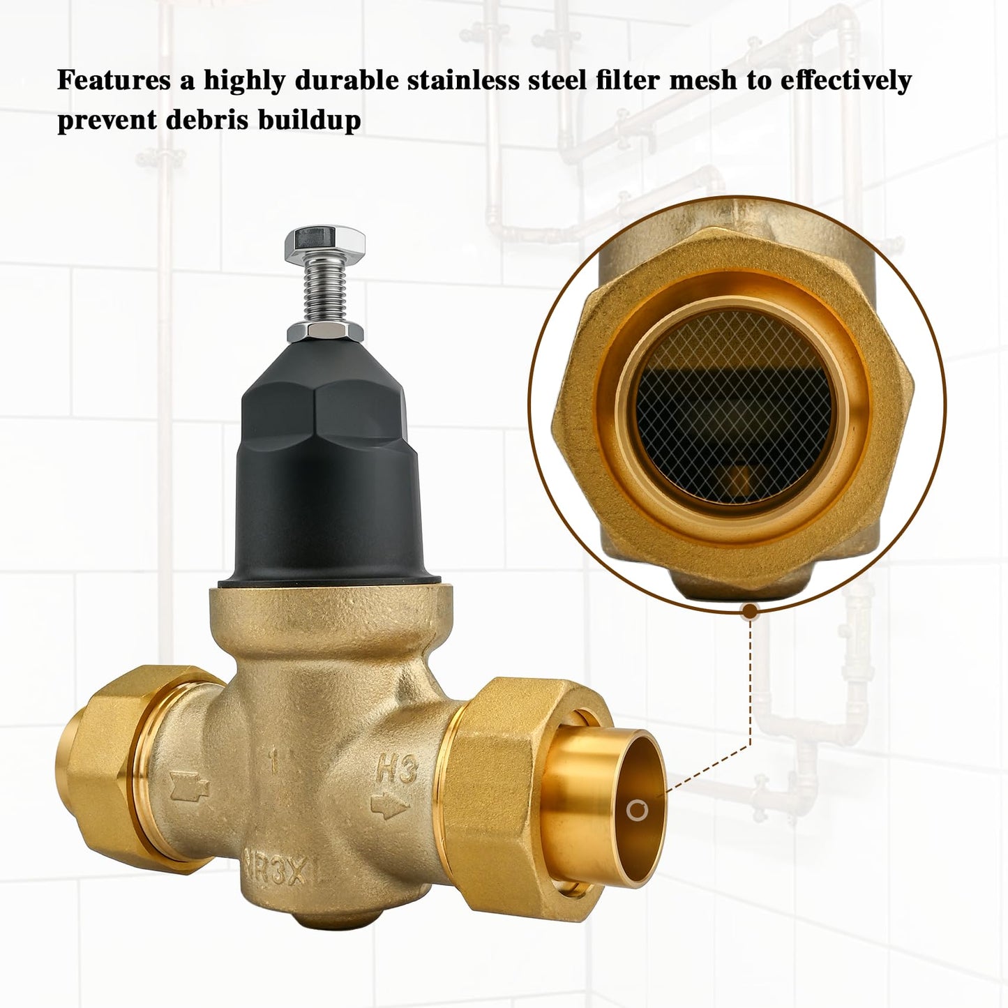 1" NR3XLDU Water Pressure Reducing Valve, 1" NR3XL with Double Union FNPT Connection, No Lead Water Pressure Regulator for Home & Commercial Use