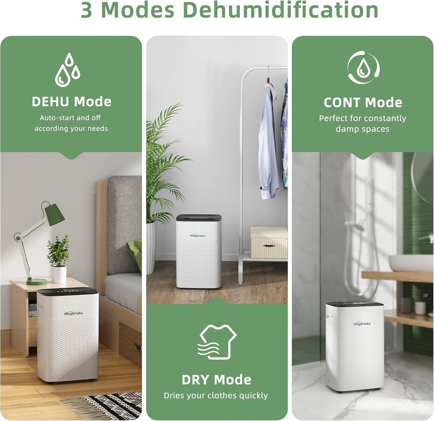 HOGARLABS 30 Pint Dehumidifiers for Home and Basements, with 3 Working Modes, Overflow Protection, and Auto Shut off Restart. Ultra Silent Dehumidifier with Drain Hose and Digital Control Panel.