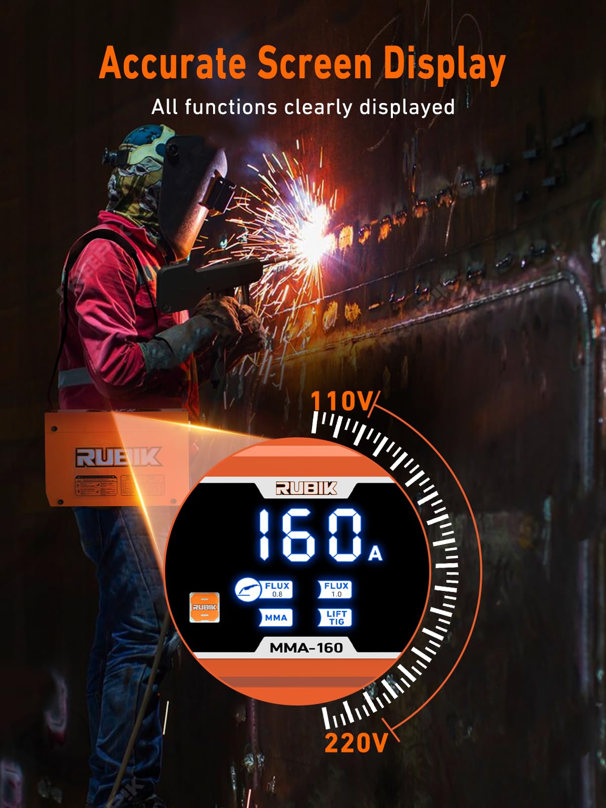 Rubik Mini 160A Stick Welder 110/220V, 3 in 1 Welder Machine MIG/MMA/Lift Tig, Portable ARC Welding Machine with IGBT Inverter, Digital LCD Dispaly Welder Welding Helmet