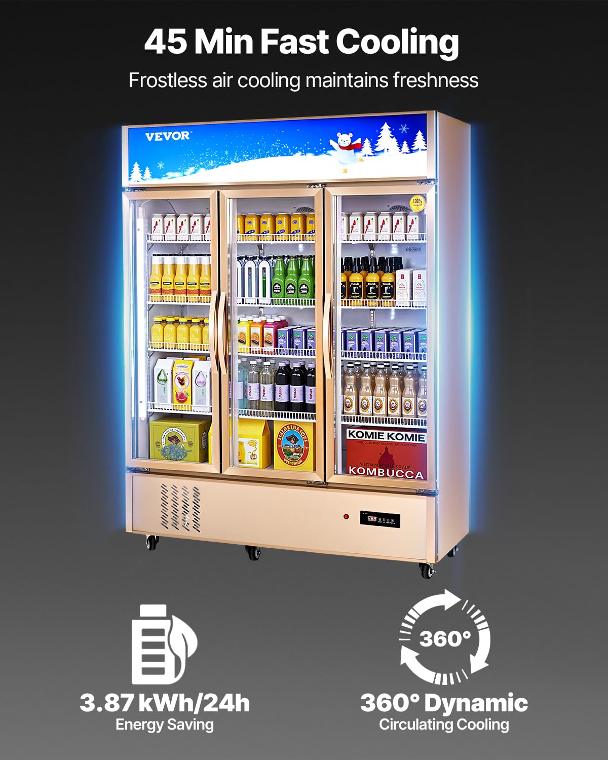 VEVOR Commercial Merchandiser Refrigerator Triple Glass Doors, Cubic Ft, Upright Display Beverage Cooler 79" Tall x 60" Width, Fridge with LED Lighting for Drink Wine Soda, Gold, 35 cu.ft