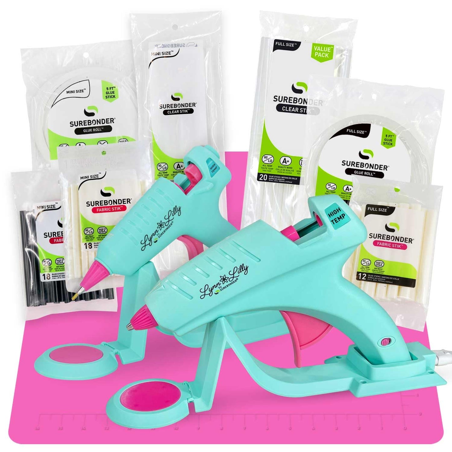 Surebonder Lynn Lilly Edition Detail Tip Mini-Size and Full-Size Cordless/Corded Hot Glue Guns with Fabric and All Purpose Hot Glue Sticks and 19" x 19" Pink Silicon Non-Stick Glue Pad Included