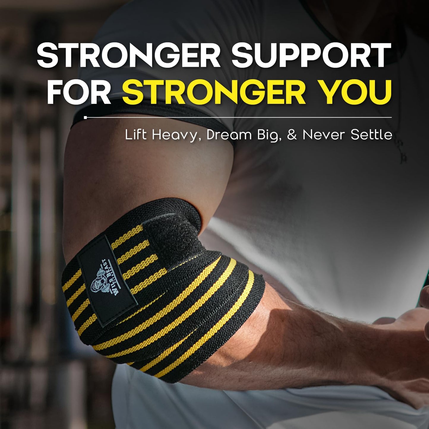 Elbow Wraps for Weightlifting (Pair), Stretchable & Breathable 41" Elbow Compression Strap, Weightlifting Straps for Bench Press, Supports Powerlifting, Pressing, Elbow Straps for Gym Accessories for Men (Yellow)