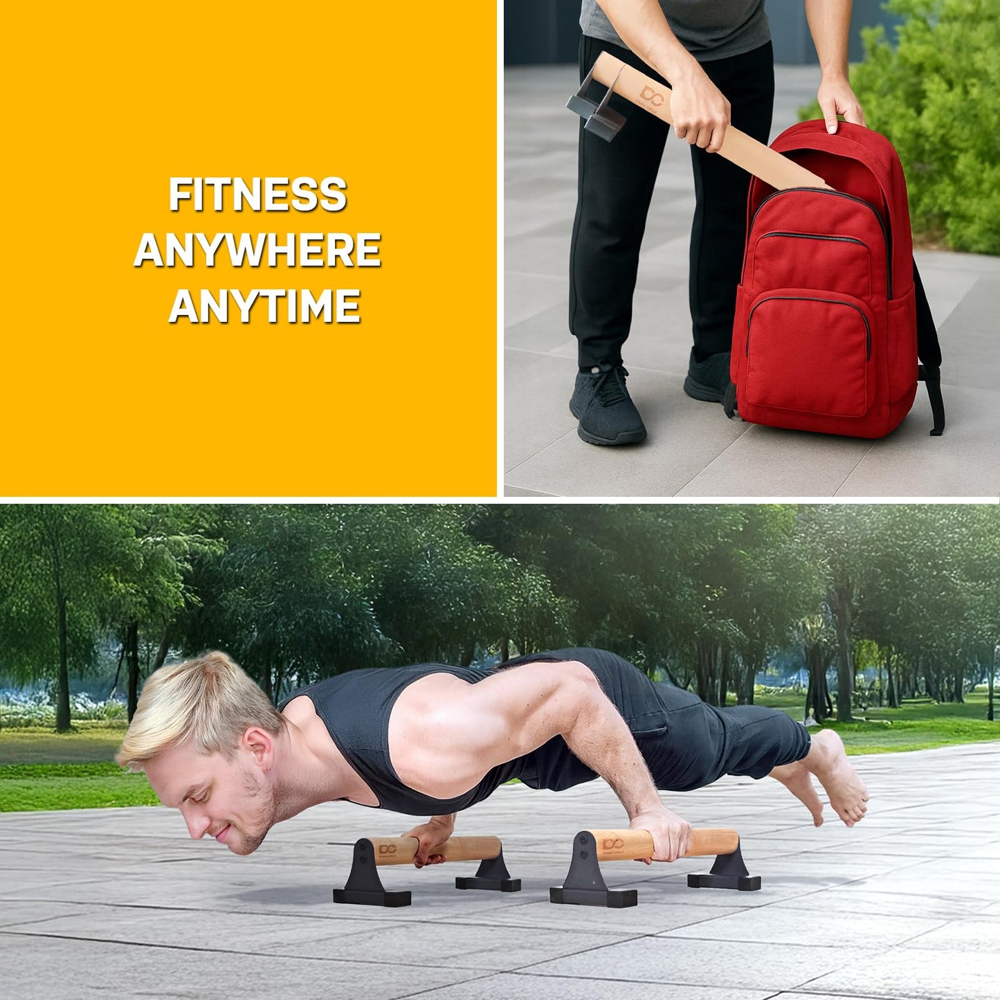 Double Circle Parallettes Push Up Bar with Ergonomic Wooden Handles - Calisthenics Equipment - Non-slip Parallel Bars for Strength Training and Calisthenics - Pushup Handles Parallettes Bars (17 IN)
