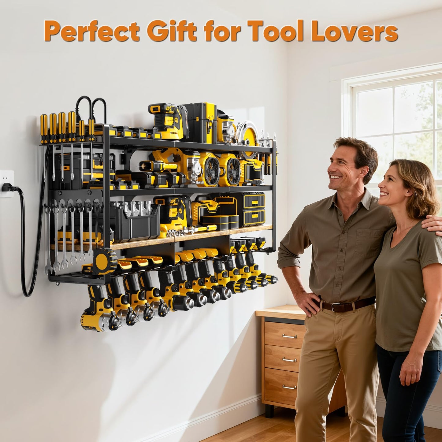 POKIPO 49.5" W Large Power Tool Organizer with Charging Station, 4 Layer Heavy Duty Utility Rack Loads 800lbs, Holds 12 Cordless Drills, Wall Mount Tool Shelf with 8-Outlet Power Strip, Gift for Men