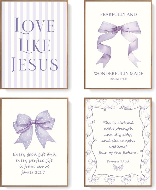 LARTSFRO Coquette Purple Bow Wall Art | Inspirational Christian Decor for Teen Girls | 12x16 Inch Set of 4 Unframed Prints
