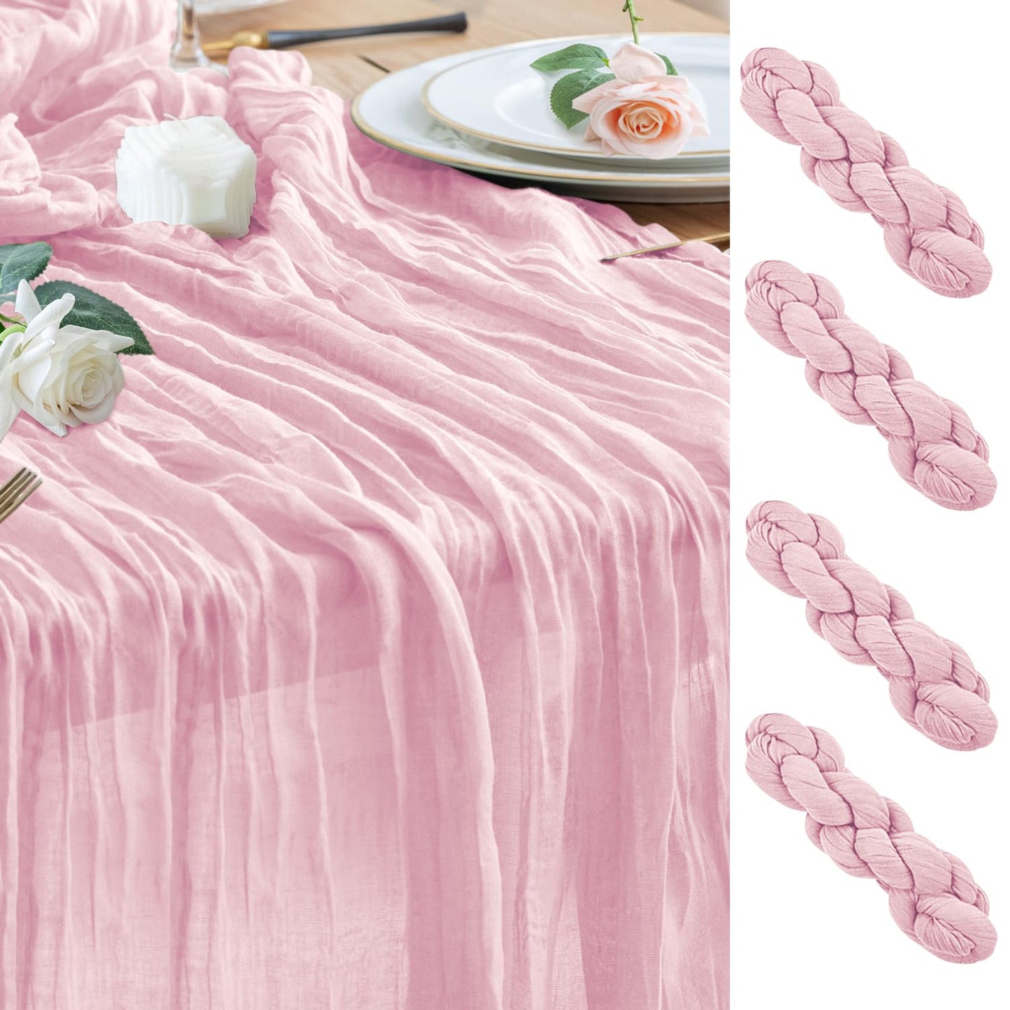 Wokceer Cheesecloth Table Runner 4Pack 10FT Blushing Pink Christmas Gauze Cheese Cloth Table Runner for Party Easter Rustic Sheer Table Runners for Baby Bridal Shower Wedding