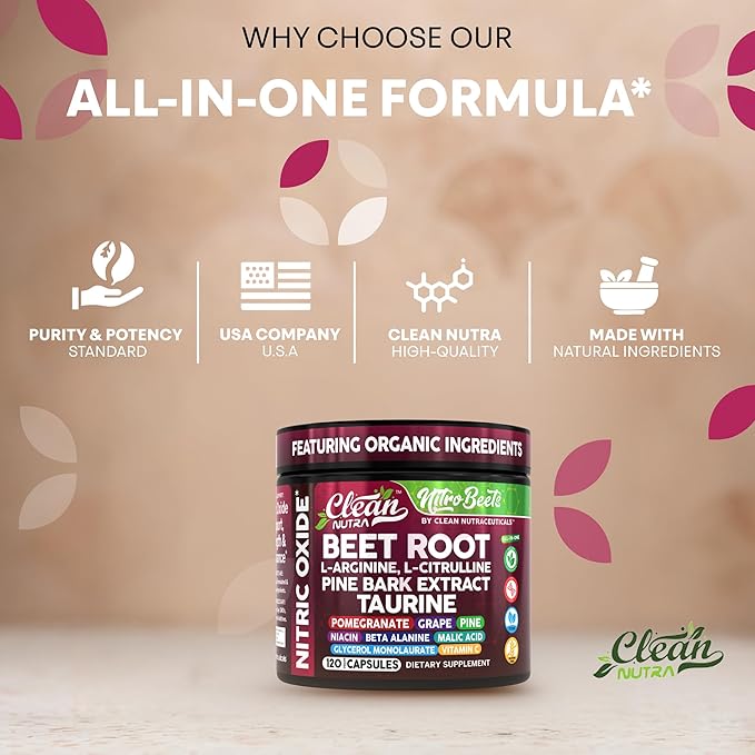 Clean Nutra Organic Beet Root Capsules L Arginine L Citrulline Pine Bark Nitric Oxide Beetroot Powder Arginine Citrulline Supplement Pre Workout Supplements Extract ??120 Vegan Pills