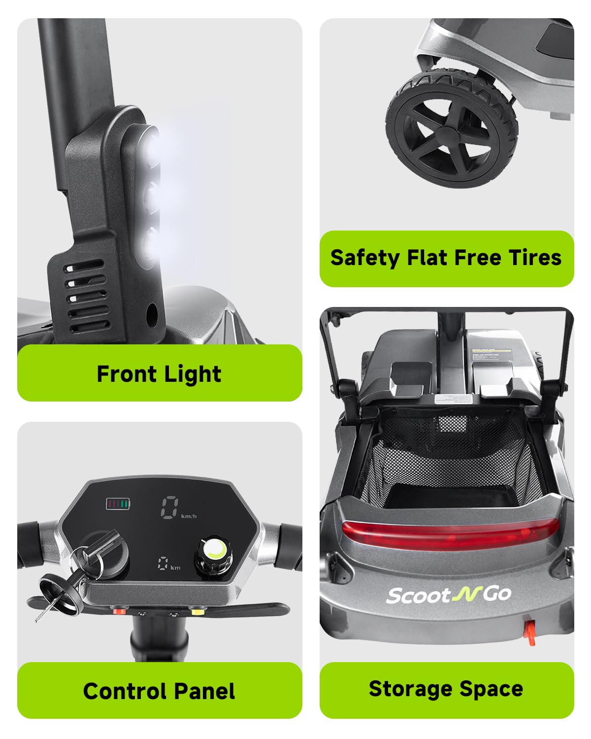 SCOOTNGO Mobility Scooters for Seniors & Adults 4 Wheel Travel Mobility Scooter Airline Approved with Two Batteries, Lightweight, Foldable, No Assembly Needed (Silver Grey, Dual Batteries)