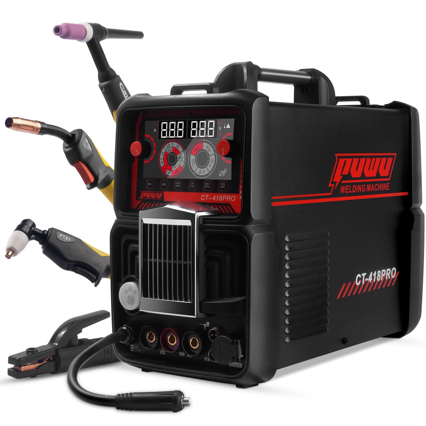 PUWU Plasma Cutter Welder Combo Gas MIG/Gasless MIG/HF TIG/Stick/CUT 5 in 1 Aluminum Welding Machine with 110V/220V Dual Voltage Multi Process Welder