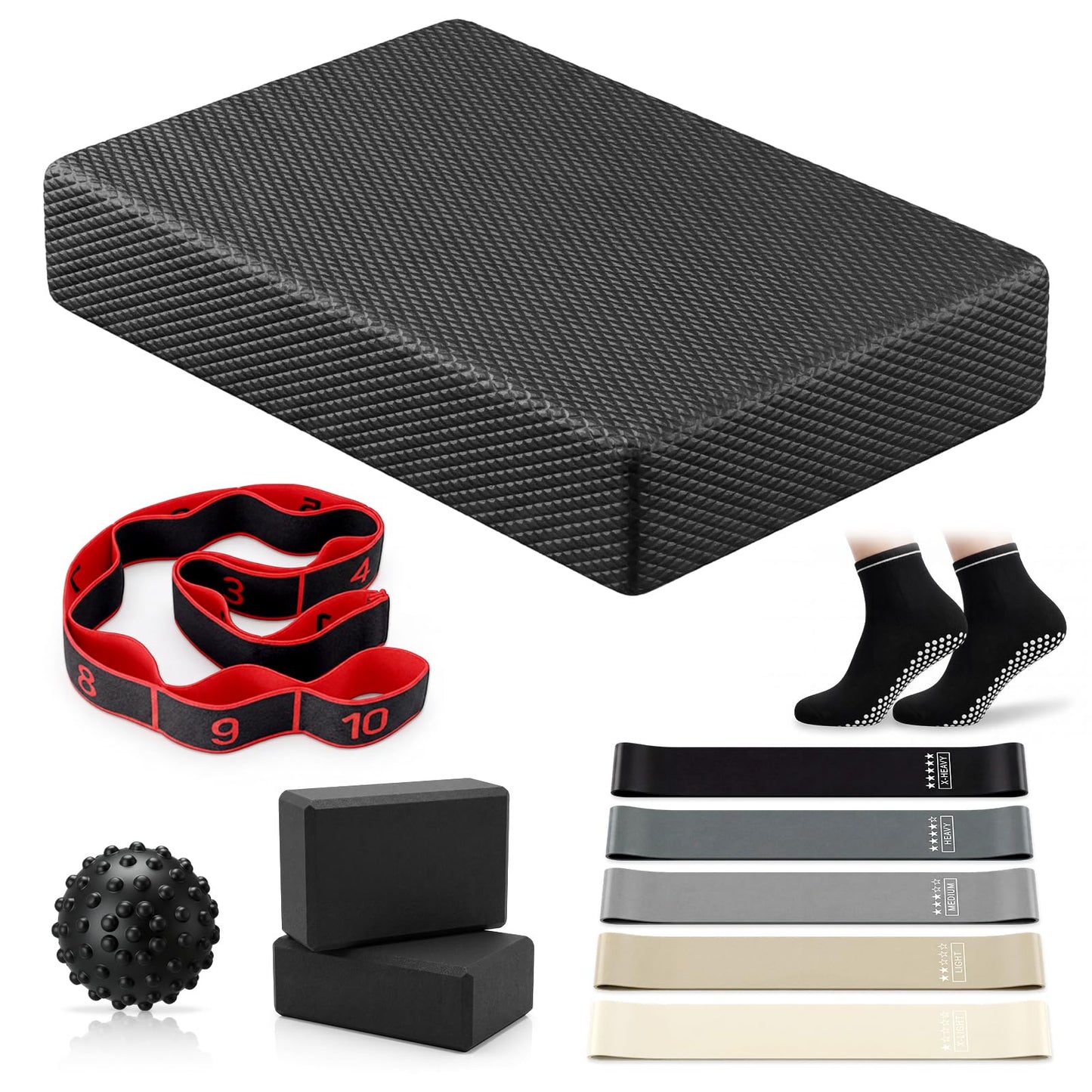 Thenshop 11 Pcs Exercise Balance Pad and Yoga Kits for Home Workouts with Resistance Bands, Yoga Blocks, Stretch Strap, Massage Ball, Pilates Socks Fitness and Stability Training Physical Therapy