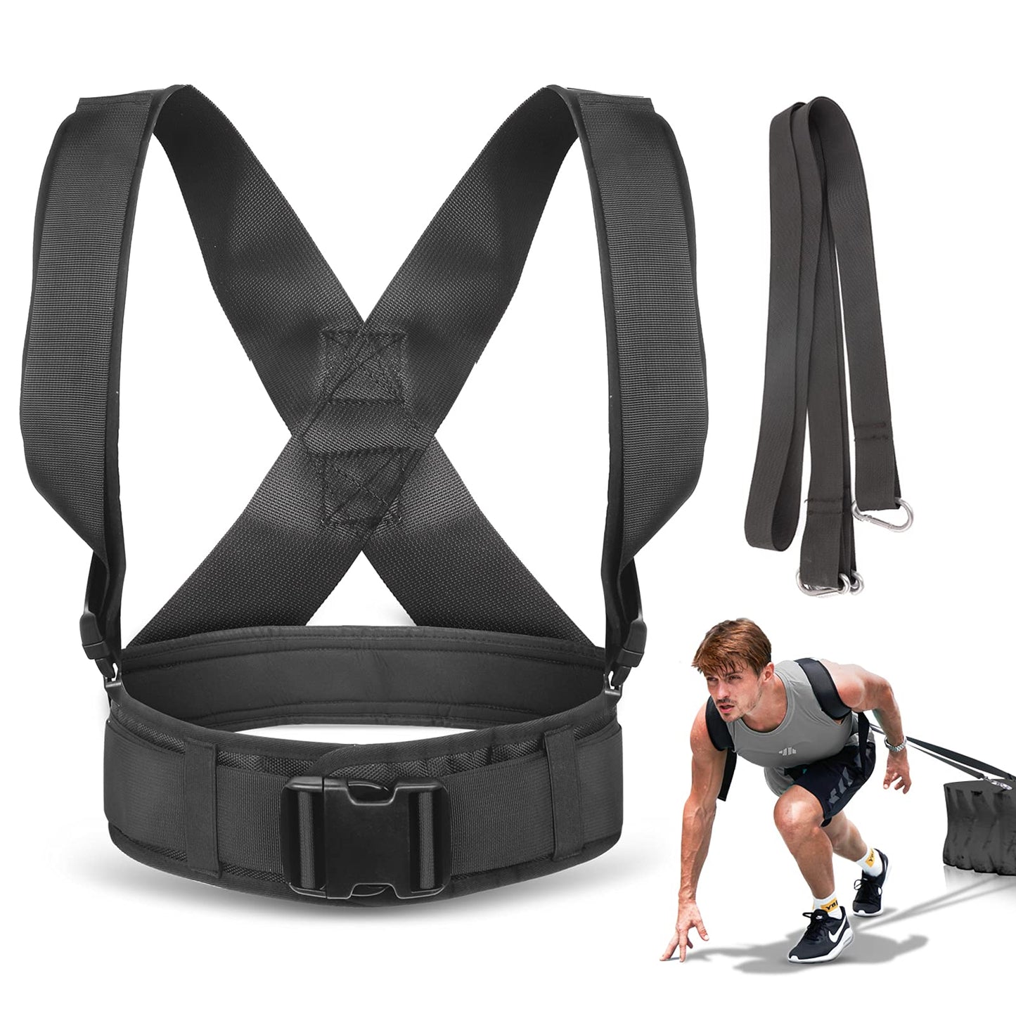 YNXing Sled Pulling Harness, Tire Pulling Harness with Pull Strap for Resistance Training, Adjustable Padded Shoulder Strap (13.1FT)