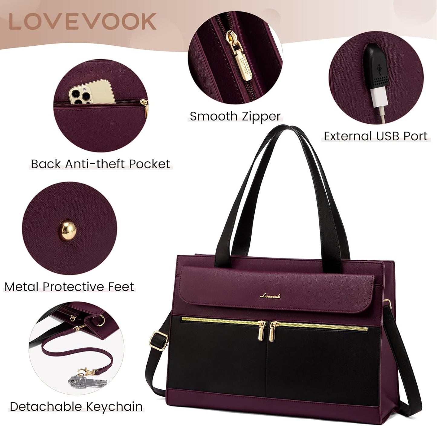 LOVEVOOK 15.6 Inch Laptop Bag for Women Tote Work Professional Leather Computer Briefcase Waterproof Handbag Shoulder