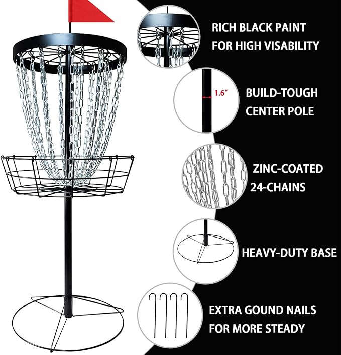 Disc Golf Basket with Discs | Portable Disc Golf Target with Heavy Duty 24-Chains Disc Golf Course Basket, Come with 6pcs Disc Golf Discs with Carry Bag