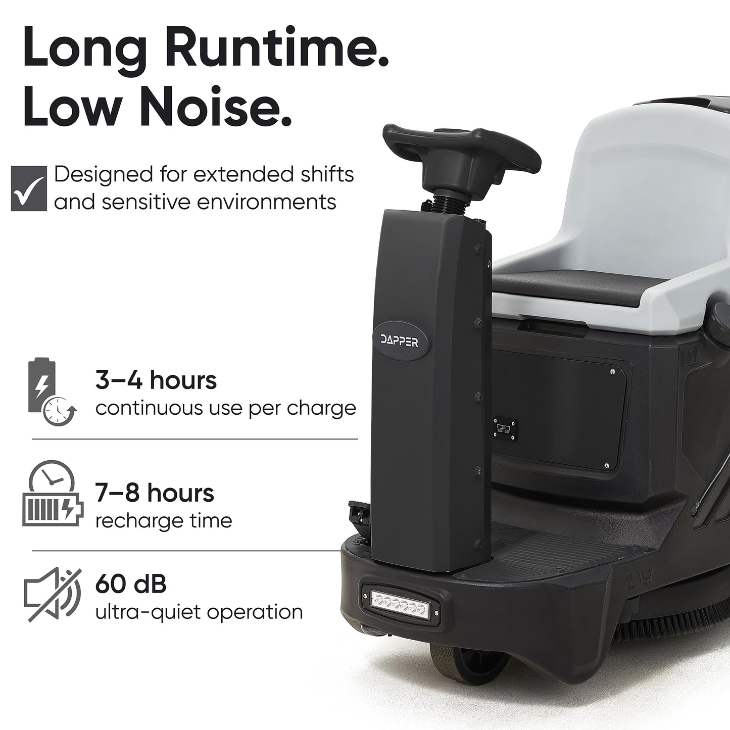 Battery Powered Ride-On Commercial Floor Scrubber Machine, 22" Brush, 31.5" Squeegee Width, 19 gal Solution Tank, 20 gal Recovery Tank, 5 hr Use 7 hr Charge, 200 RPM, 48,400 Sqft/H, Batteries Included