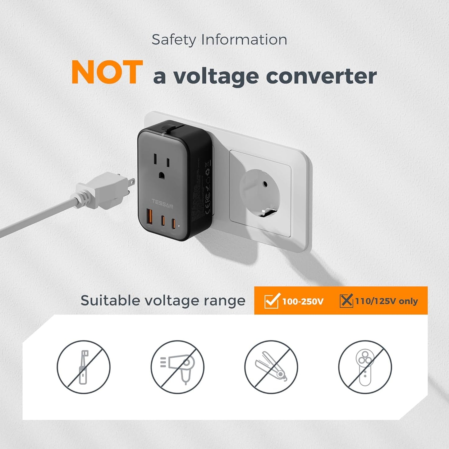 20W, 2 1 1 Pack TESSAN Travel Adapter PD Universal Power Adapter USB C USB A, Ultra Thin International Plug Adaptor