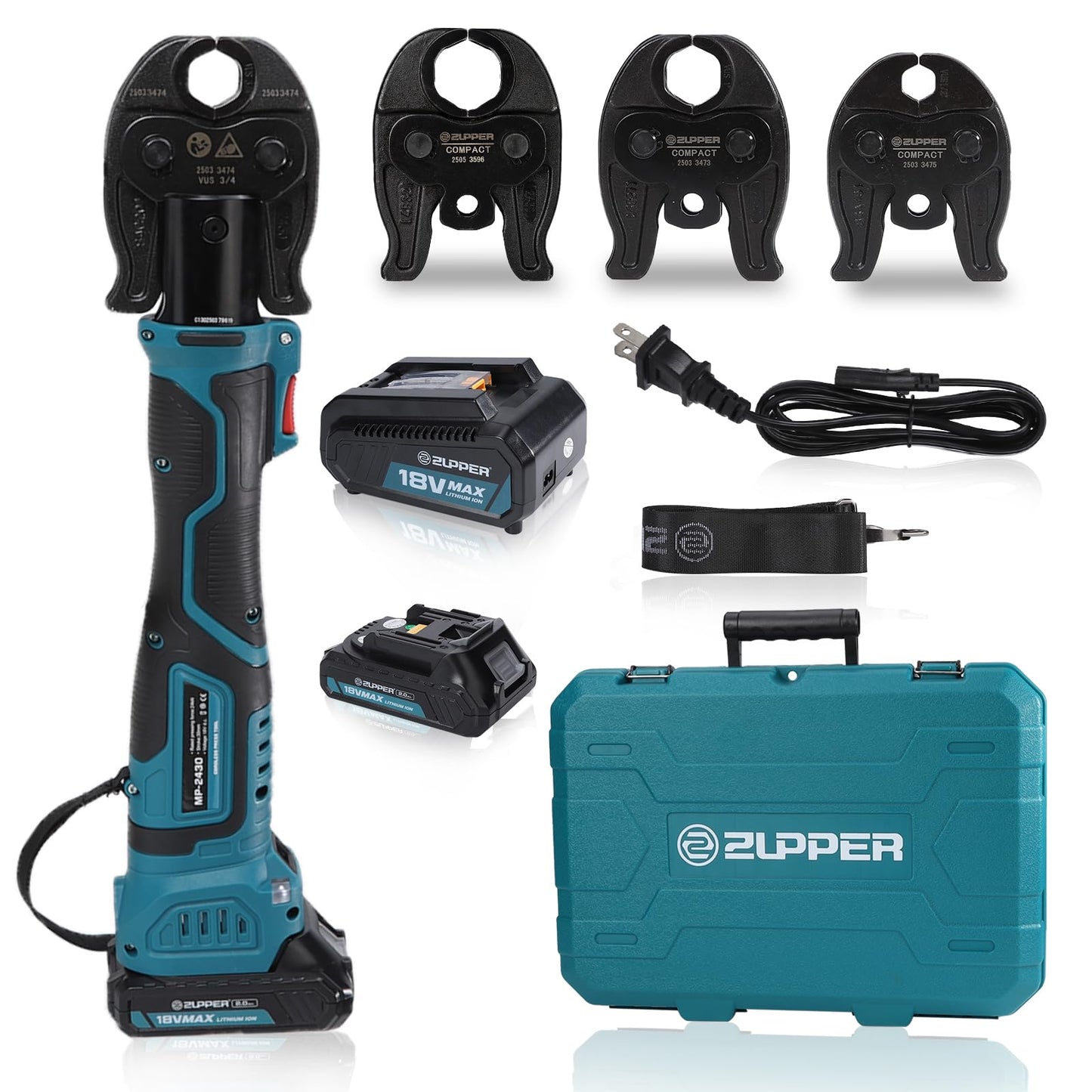 ZUPPER Compact Press Tool Kit,18V Electric Pipe Crimping Tool for 1/2"to 1-1/4" Copper Pipes Brushless Motor Compatible with Propress 2pcs 2Ah Battery