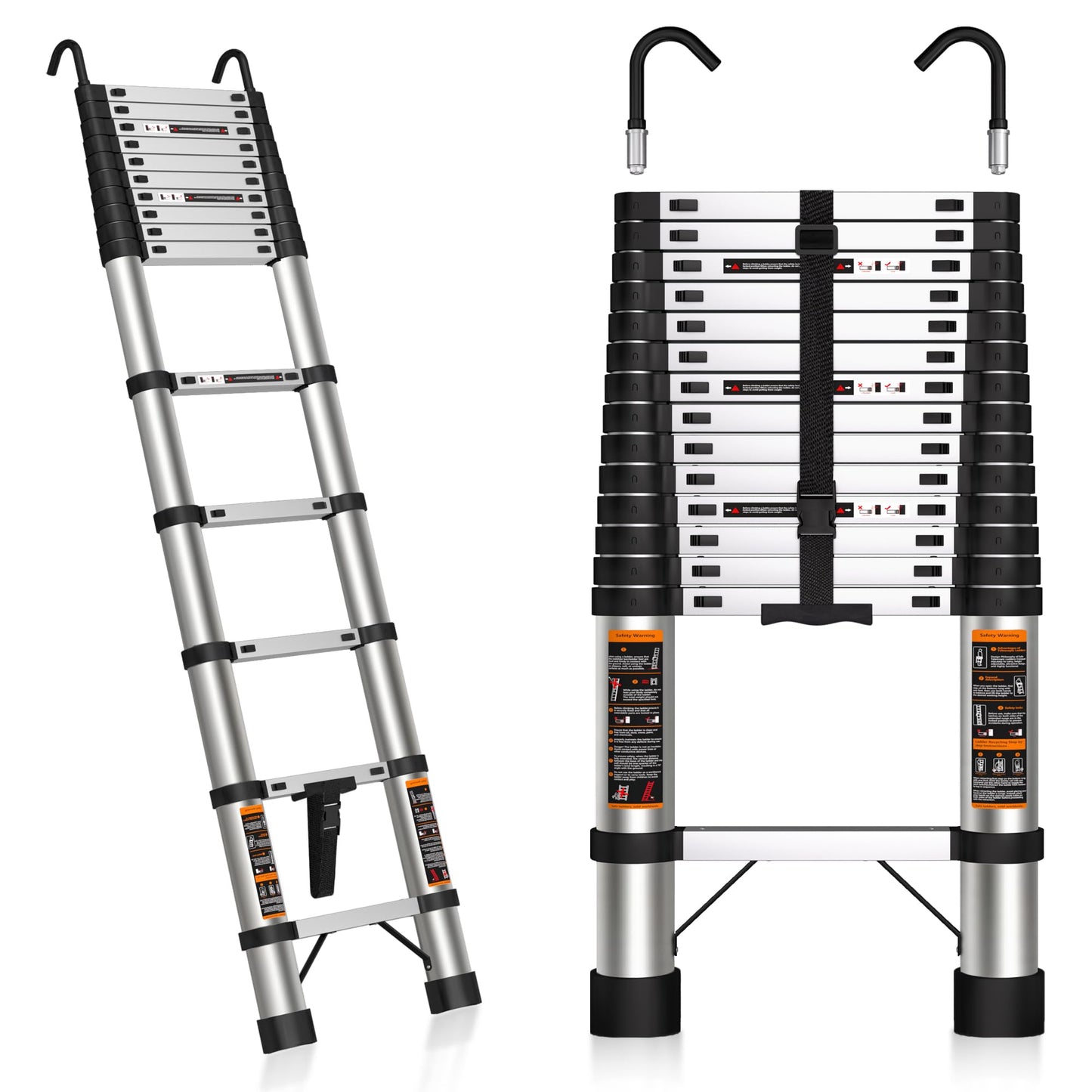 Telescoping Ladder 14.5 FT Stainless Steel Extension Ladder with 2 Detachable Hooks, Portable Multi-Purpose Collapsible Telescope Ladder for Home,RV,Outdoor Work,330lbs Max Capacity