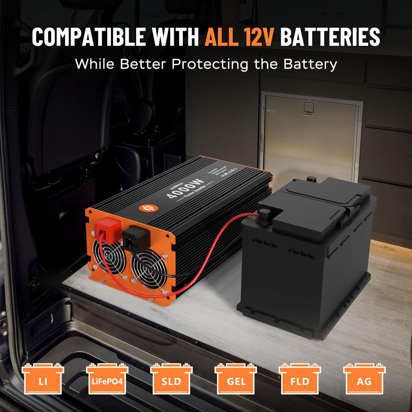 4000 Watt Power Inverter 12V DC to 110V/120V AC Converter Peak Power 8000W Car Inverter with LCD Display 4 AC Outlets, 2 USB & Type-C Port for RV,Truck,Off-Grid Solar System with Remote Controller