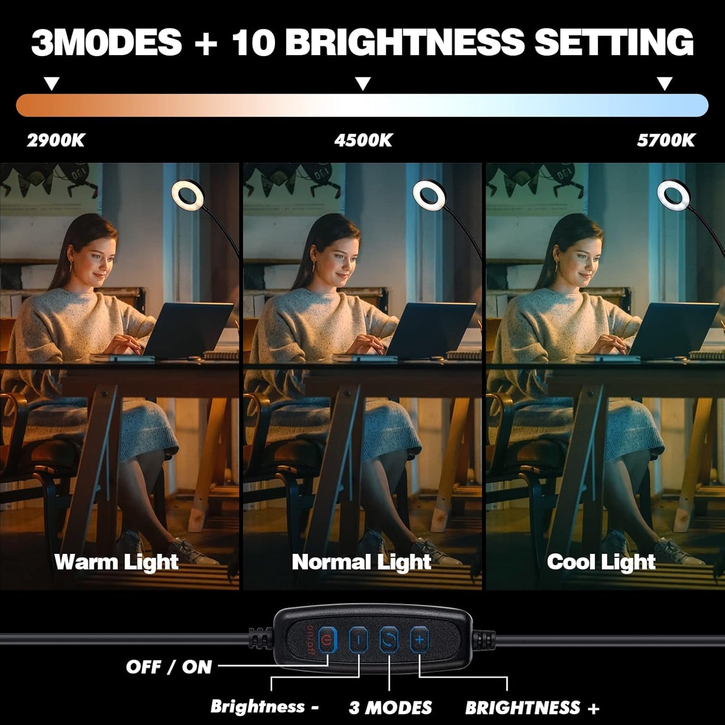 LuxLumin Dimmable LED Desk Lamp with Clamp for Video Conference Lighting, USB Light for Laptop Zoom Meeting, Clip on