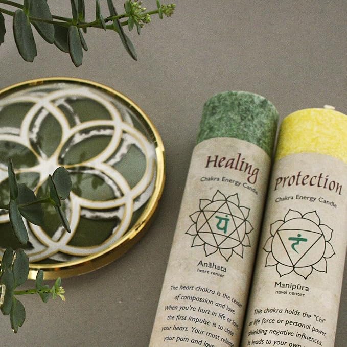 Premium Scented Candle Hand Made Chakra Energy Pillar | 4-pack | Protection, Manipura | Yoga, Prayer & Meditation Candle | Long Burn 15 Hours |Essential Oils of Bergamot, Lime & Grapefruit | Aloha Bay